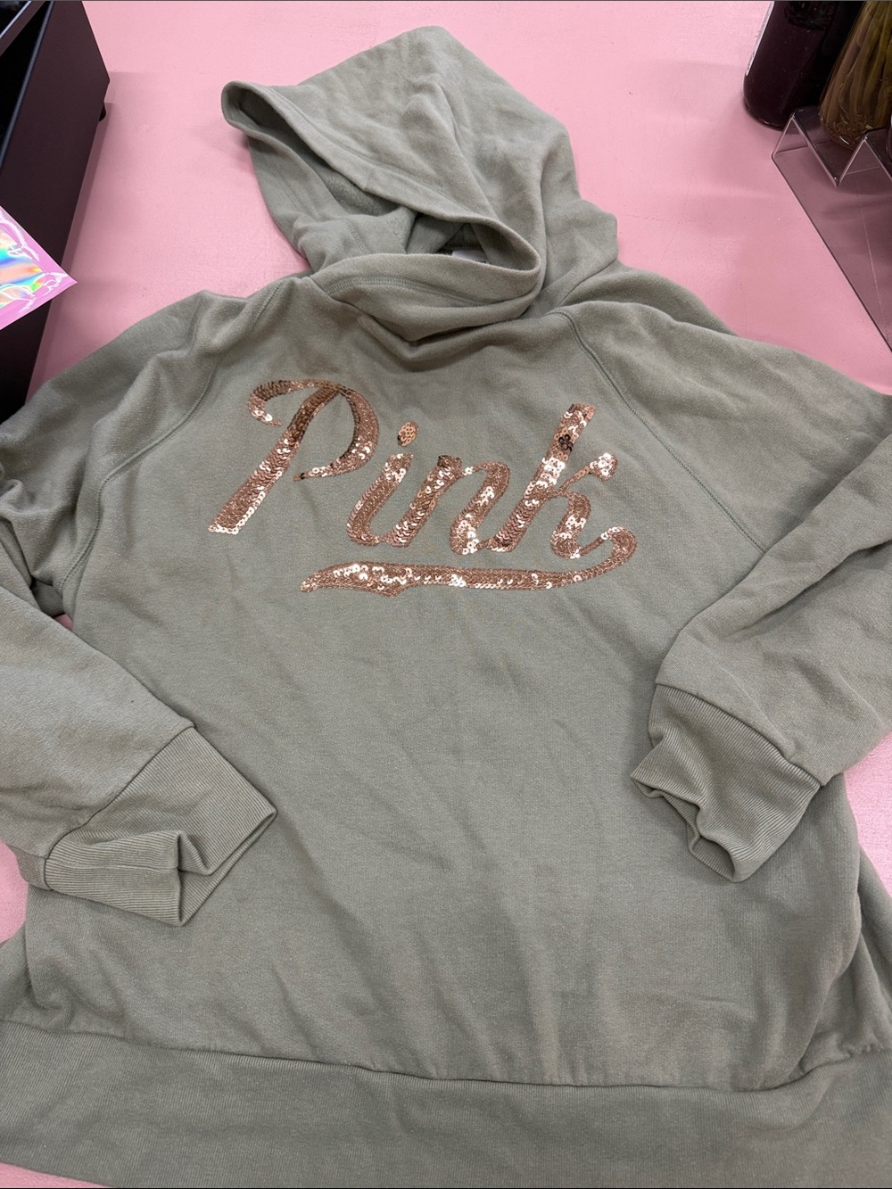 PINK Victoria's Secret Olive Green Hoodie with Rose-Gold Sequin Logo
